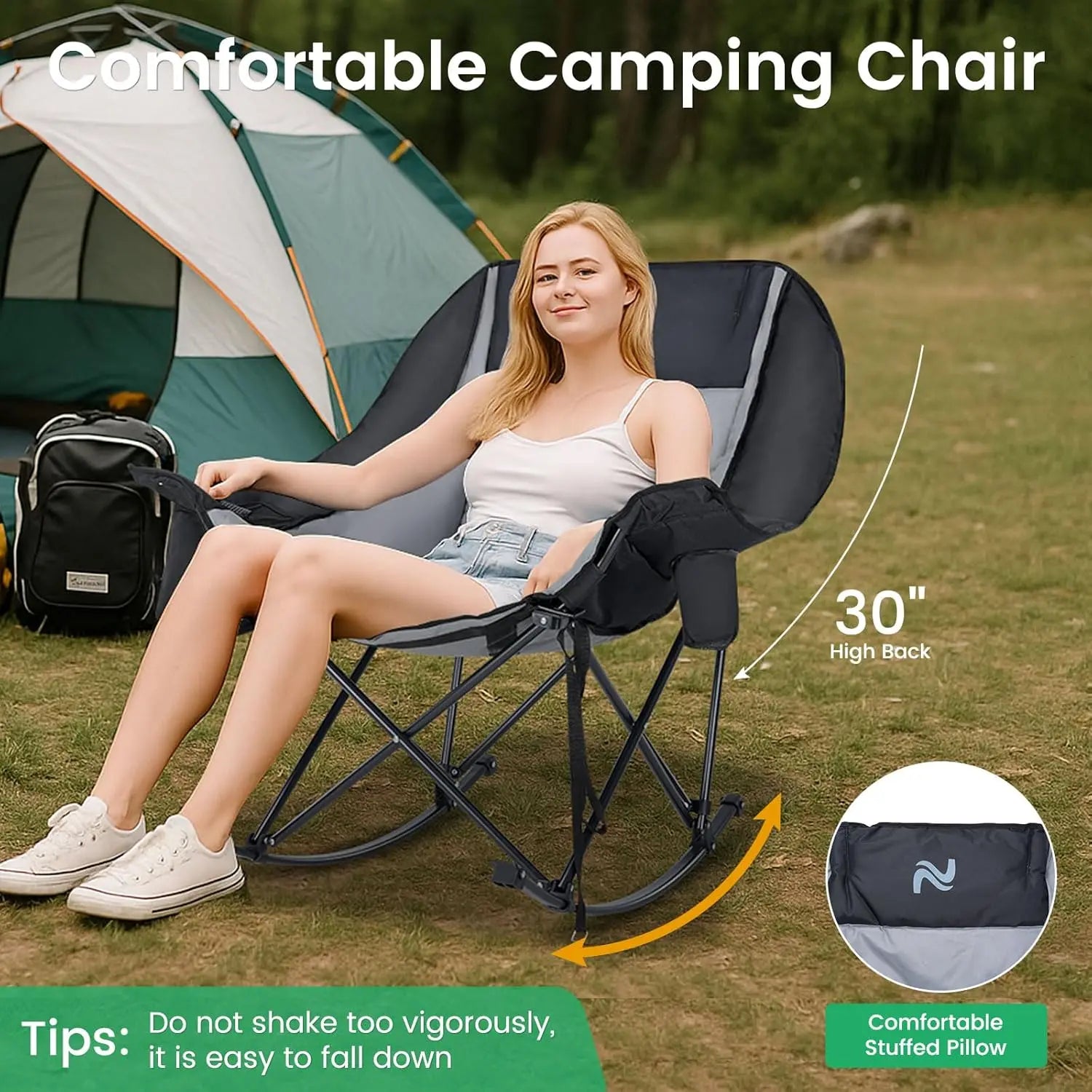 Rocking Camping Chair,XXL Oversized Folding Fully Padded Outdoor Lawn Chair